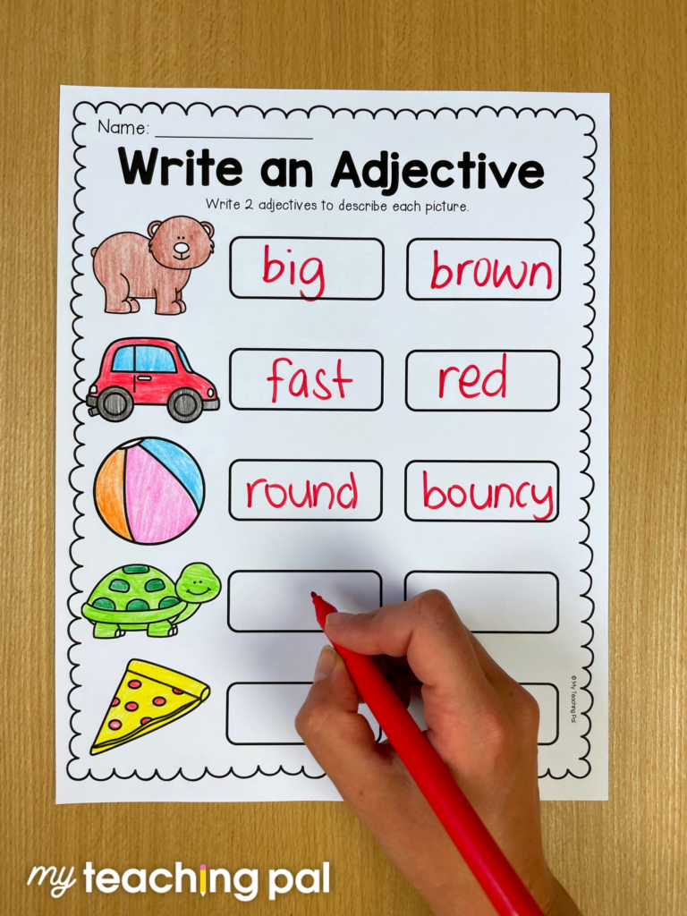 Adjectives worksheet listing adjectives for pictures