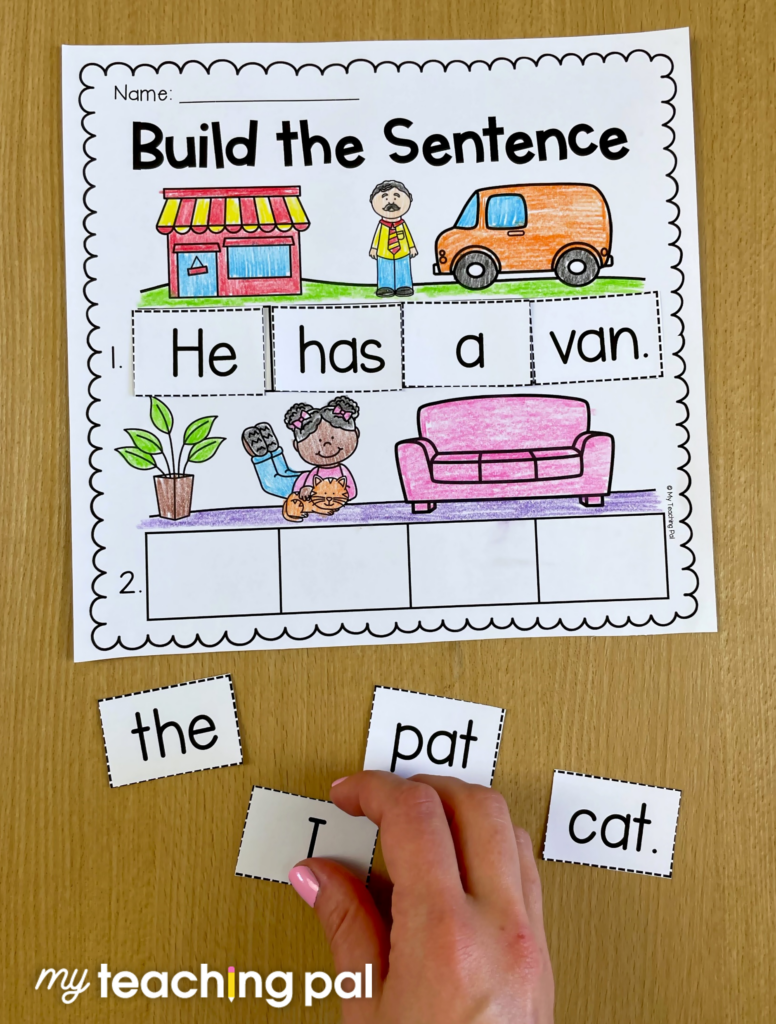Sentence order and structure worksheets with CVC words