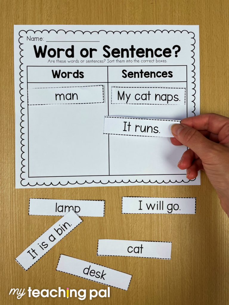Kindergarten grammar worksheet for differentiating between words and sentences