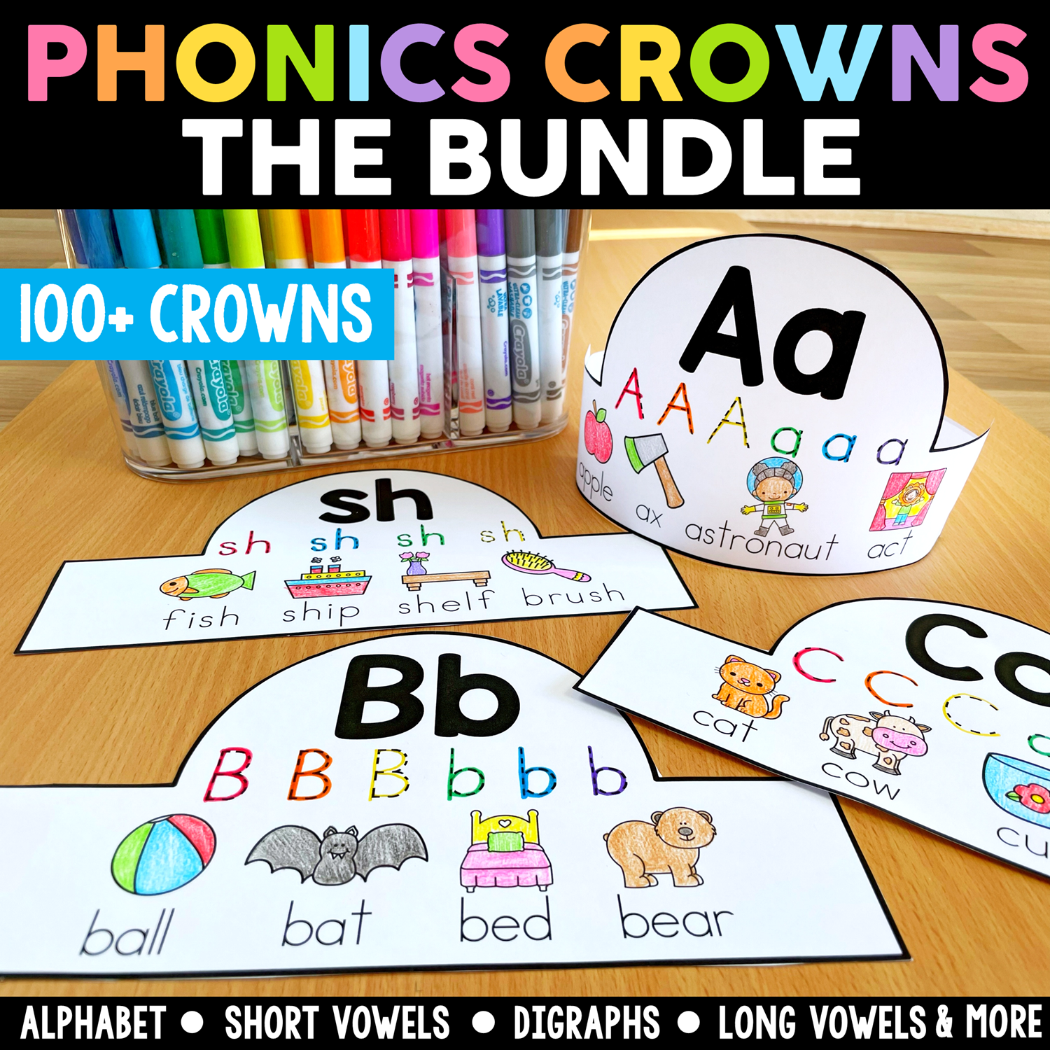 Phonics Crowns - YEARLONG BUNDLE - Alphabet, CVC, Digraphs, Long Vowels & More!